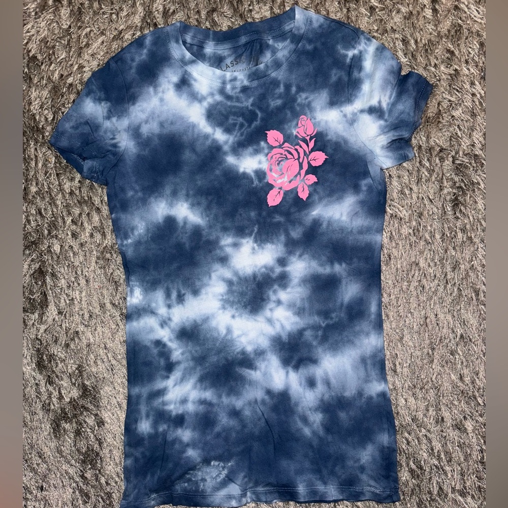 Aeropostale Blue Tie-Dye Tee with Pink Floral Accent